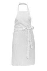 A white apron with a tied belt is isolated on a white background. A blank,a layout for a mannequin, a model.