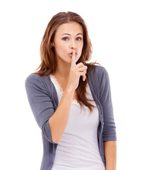 Isolated woman, portrait and finger on lips for silence, secret or gossip by transparent png...