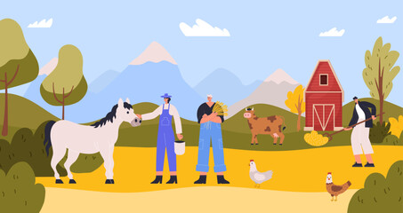 Farmer characters at farm agriculture. Woman holding bucket and feeding horse. Man working with rakes