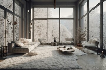 Fototapeta na wymiar Stunning contemporary winter living space with expansive windows. Generative AI
