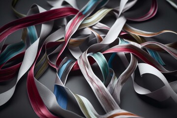 Colorful ribbons on grey with white accents and border. Generative AI