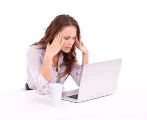 Isolated woman, headache and tired with laptop, overtime and mental health by transparent png background. Businesswoman, pain and fatigue with computer, anxiety and depressed with deadline for report