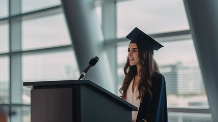 Medium shot of a graduate giving a speech at the podium, confidently addressing their classmates, faculty, and guests. Generative AI