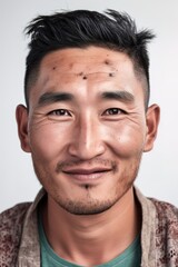 Obraz premium Young adult Uyghurs man head shot portrait. Generative AI vertical shot