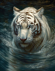 White tiger illustration, painting, swimming in water, beautiful majestic, wall art, digital print. Generative AI