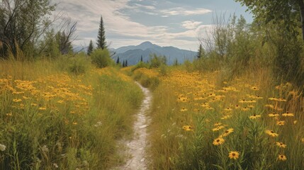 trail leading onto mountains with flowering meadows. Generative AI