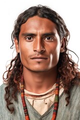 Obraz premium Head shot portrait of Aztec descendant young man. Mexican ethnicity. Generative AI vertical shot