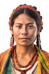 Young Aztec descendant woman portrait head shot over white background. Generative AI vertical shot