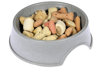 dog food in feeding bowl isolated on white background