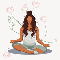 faceless black girl silhouette yoga lotus position in light clothes with plants flat style harmony sports beautiful