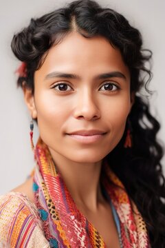 Beautiful young woman Aztec descendant portrait over white background. Generative AI vertical shot