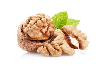 Walnuts kernel with leaves on white background