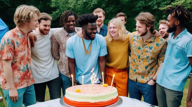 A group of graduates gathered around a decorated graduation cake, celebrating their achievements with laughter and joy. Generative AI