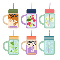 Modern vector illustration set of mason jar. Summer lemonades with fruits: lemon, cucumber, strawberry, mint, delicious drinks in glass cups with a straw.