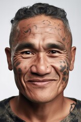 Maori man head shot portrait over white background. Generative AI vertical shot