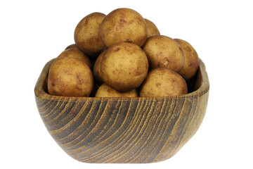 marzipan potatoes from Lubeck, Germany in a wooden bowl isolated on white background