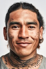 Fototapeta premium Young adult Maori man head shot portrait over white background. Generative AI vertical shot