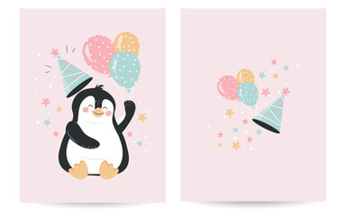 Cute design with funny penguin.   Vector illustration A set for creating a postcard, cover, invitation, packaging. Vector design