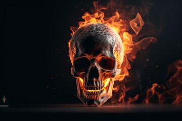 Flaming skull on banner with copy space. Generative AI
