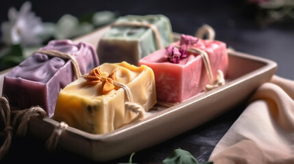 banner, A set of handmade soap bars on a tray. Mother's Day Generative AI