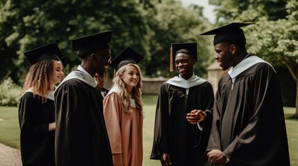 Diverse group of university graduates celebrating their graduation day together, with a mix of skin tones, hair types, and ages. Generative AI