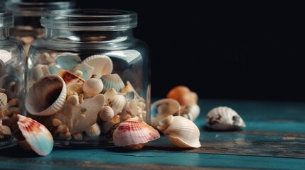 banner, A collection of seashells in a glass jar. Mother's Day Generative AI