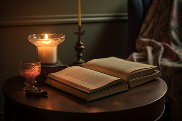A candle and a book on a cozy reading nook. Mother's Day Generative AI