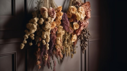 banner, A bouquet of dried flowers hanging on a wall. Mother's Day Generative AI