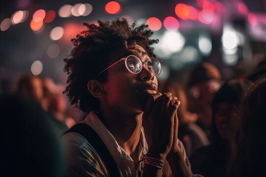 An electrifying photograph of a concertgoer completely absorbed in the music, surrounded by the energy of the crowd and the power of the performance. Generative AI