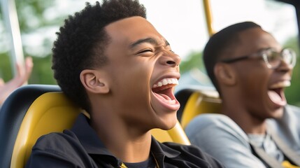 A thrilling photograph of a person enjoying a roller coaster ride at an amusement park, showcasing the exhilaration of immersive entertainment experiences. Generative AI