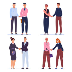 Obraz premium Office workers shake hands, businessmen agreement or deal complete, greeting handshake vector illustration set