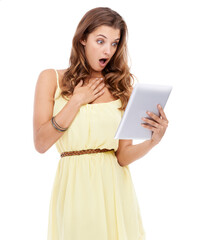 Fototapeta premium Isolated woman, wow and reading with tablet for news, blog or post on web app by transparent png background. Student girl, model and mobile touchscreen with surprise, confused and shock for info
