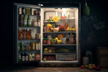 3D fridge stocked with different items. Generative AI