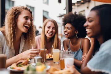 A group of friends from different gender backgrounds laughing and enjoying a meal together, illustrating inclusivity and acceptance. Generative AI