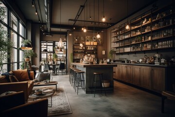Modern cafe interior with luxurious loft living room and shelf near dining area. Generative AI