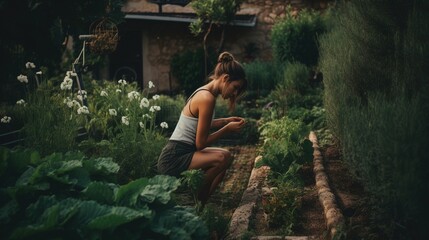 Woman in her garden, harvesting vegetables and herbs from her self-built raised garden bed, with a smile of satisfaction on her face. Generative AI