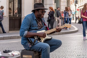 Obraz na płótnie Canvas A street musician performing passionately on a busy sidewalk, as pedestrians stop to listen and enjoy the music, capturing the authenticity and emotion of the moment. Generative AI
