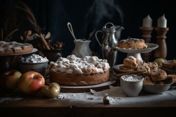A table made of marble, bearing apples and pies with powdered sugar dusting. Generative AI