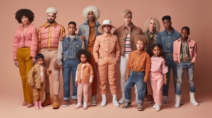 Naklejka premium A group of individuals of varying ages, body types, and ethnicities standing together in a row, each wearing their favorite outfit and expressing their personal style. Generative AI