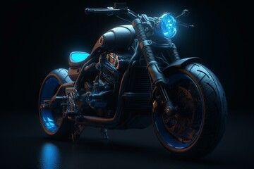 A large motorcycle on a blue and black background, shown as a 3D rendering and illustration. Generative AI