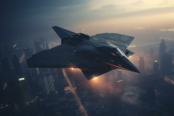Low-profile stealth fighter flies in futuristic sky. Generative AI