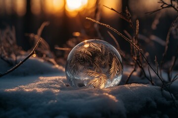 A mystical quartz ball rests on snow against a winter evening background. A perfect addition for the winter solstice and Yule rituals. Generative AI - obrazy, fototapety, plakaty