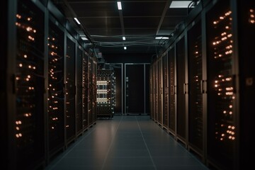 Graphic of lit-up data center. Generative AI