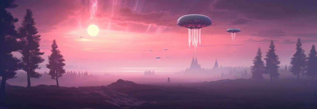 alien, starship, space in the style of light violet and pink, whimsical realism, dramatic skies. Generative AI