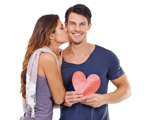 Portrait, kiss and couple with a heart, romance and bonding isolated against a transparent background. Face, partners and man with woman, kissing and symbol for love with romantic gesture and png