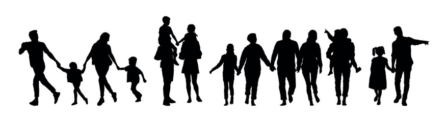 Family group walking together outdoor activities silhouette set. - obrazy, fototapety, plakaty