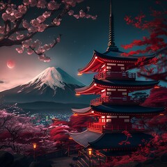 Japanese building with landscape in the background