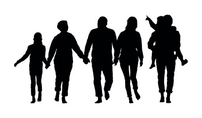 Big family walking together barefoot outdoor vector silhouette.