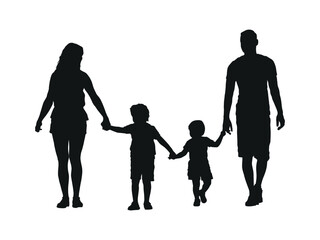 Parents walking together with children outdoor silhouette.