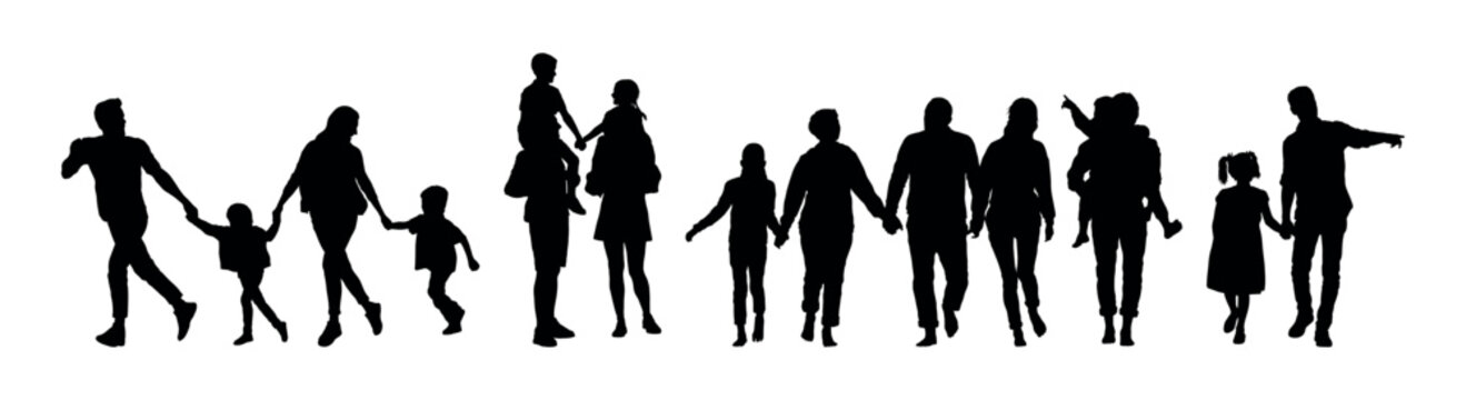 Family group walking together outdoor activities silhouette set.